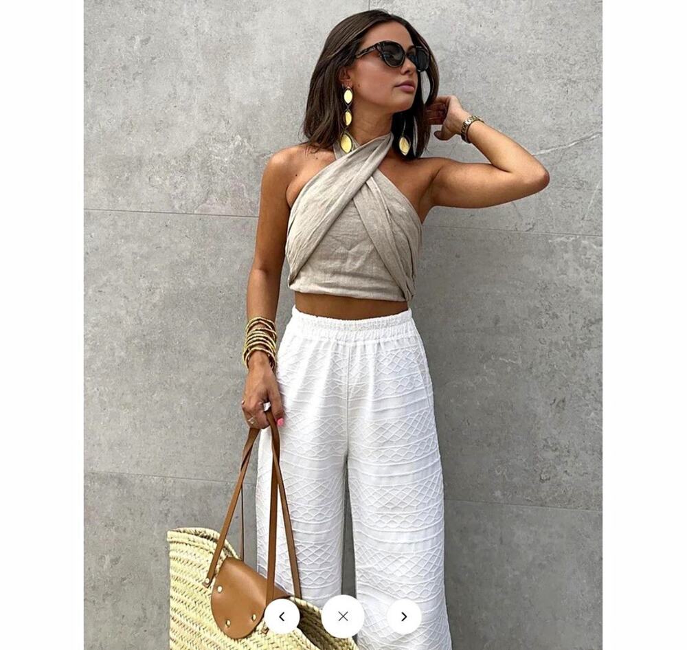 Commense Women’s Beige Solid Halter Smocked Tie Back Cropped Crop Top S